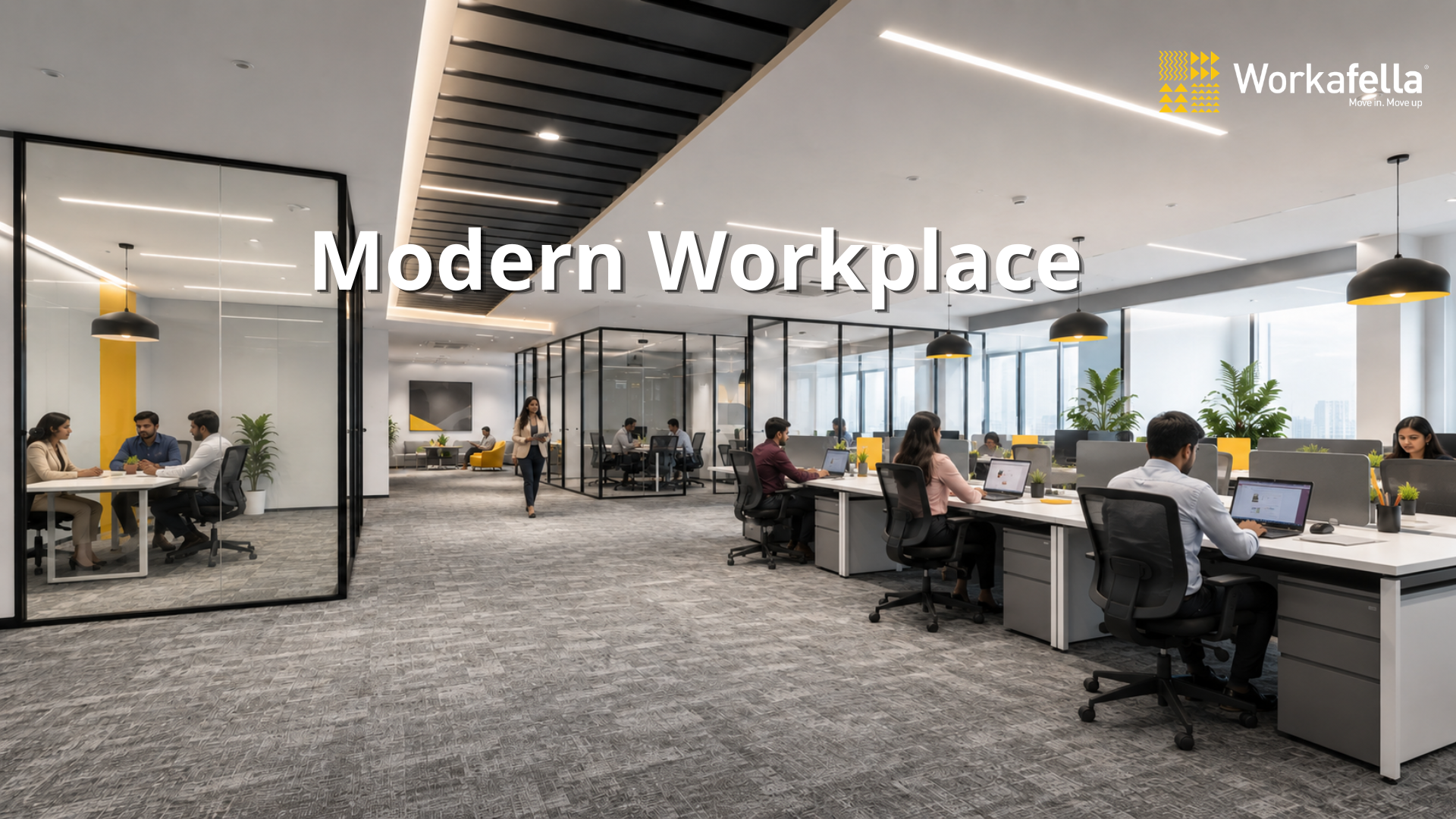 Modern professionals collaborating in a flexible premium workspace at Workafella 